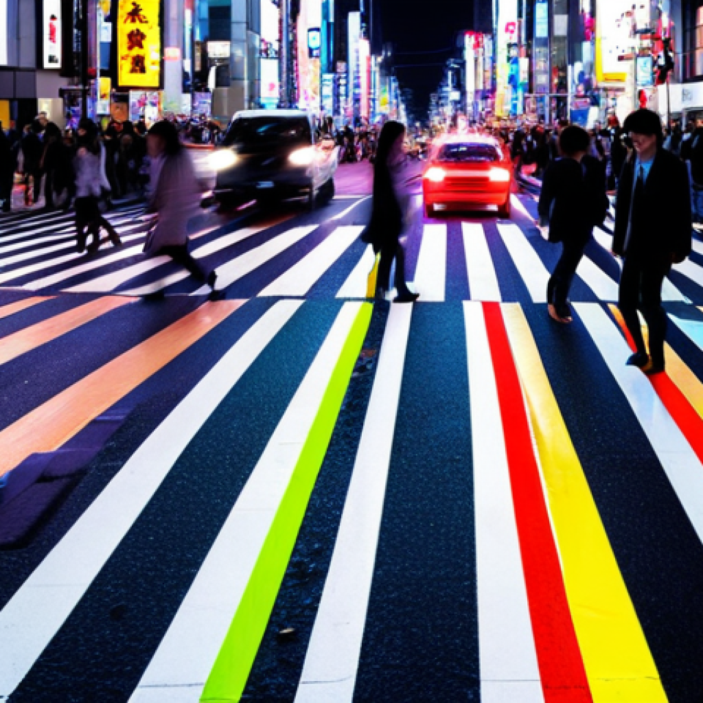 **

A vibrant Shibuya crossing scene, reimagined as abstract sound waves and light patterns. Cars become streaks of color, pedestrians are blurred motion, and the overall image evokes the energy and chaos of Tokyo's soundscape. Use a palette of neon colors with contrasting dark shadows to emphasize the dynamic nature. Style: Digital Art, high contrast.

**