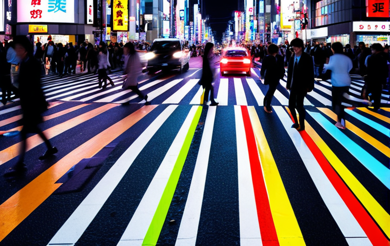 **

A vibrant Shibuya crossing scene, reimagined as abstract sound waves and light patterns. Cars become streaks of color, pedestrians are blurred motion, and the overall image evokes the energy and chaos of Tokyo's soundscape. Use a palette of neon colors with contrasting dark shadows to emphasize the dynamic nature. Style: Digital Art, high contrast.

**