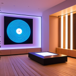 **

"Modern commercial space, sound art installation, ambient lighting, creating relaxing customer experience, subtle branding, Japanese aesthetic."

**