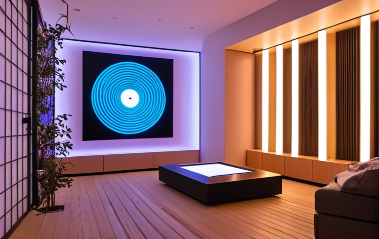 **

"Modern commercial space, sound art installation, ambient lighting, creating relaxing customer experience, subtle branding, Japanese aesthetic."

**