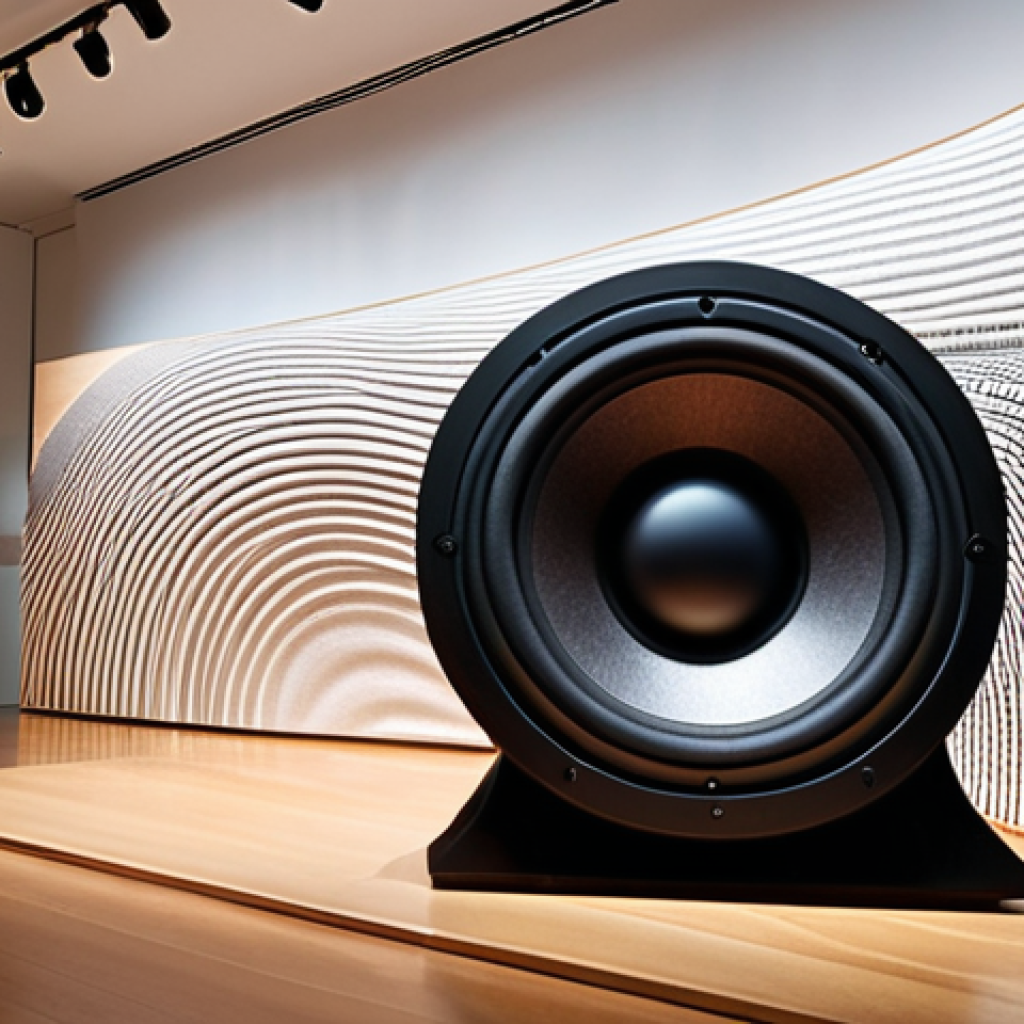 **Image:** A visually striking sound wave emanating from a beautifully designed speaker in a modern art gallery. Soft, ambient lighting enhances the sense of immersive experience. Focus on the texture of the speaker material and the visual representation of the sound.