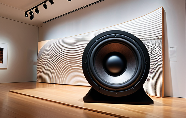 **Image:** A visually striking sound wave emanating from a beautifully designed speaker in a modern art gallery. Soft, ambient lighting enhances the sense of immersive experience. Focus on the texture of the speaker material and the visual representation of the sound.