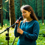 A focused sound artist, dressed in modest outdoor attire, holding a high-quality field recorder and directional microphone. They are standing in a serene natural environment, such as a tranquil forest clearing, with soft dappled sunlight filtering through the trees. The artist is attentively listening, capturing the subtle sounds of nature and the atmosphere of the place. The scene conveys a sense of peaceful discovery and deep concentration. Professional photography, sharp focus, natural lighting, fully clothed, appropriate attire, safe for work, perfect anatomy, correct proportions, natural pose, well-formed hands, proper finger count, family-friendly.