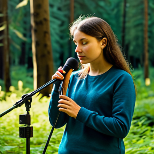 A focused sound artist, dressed in modest outdoor attire, holding a high-quality field recorder and directional microphone. They are standing in a serene natural environment, such as a tranquil forest clearing, with soft dappled sunlight filtering through the trees. The artist is attentively listening, capturing the subtle sounds of nature and the atmosphere of the place. The scene conveys a sense of peaceful discovery and deep concentration. Professional photography, sharp focus, natural lighting, fully clothed, appropriate attire, safe for work, perfect anatomy, correct proportions, natural pose, well-formed hands, proper finger count, family-friendly.