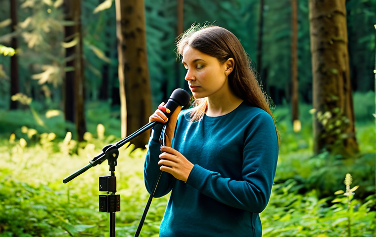 A focused sound artist, dressed in modest outdoor attire, holding a high-quality field recorder and directional microphone. They are standing in a serene natural environment, such as a tranquil forest clearing, with soft dappled sunlight filtering through the trees. The artist is attentively listening, capturing the subtle sounds of nature and the atmosphere of the place. The scene conveys a sense of peaceful discovery and deep concentration. Professional photography, sharp focus, natural lighting, fully clothed, appropriate attire, safe for work, perfect anatomy, correct proportions, natural pose, well-formed hands, proper finger count, family-friendly.