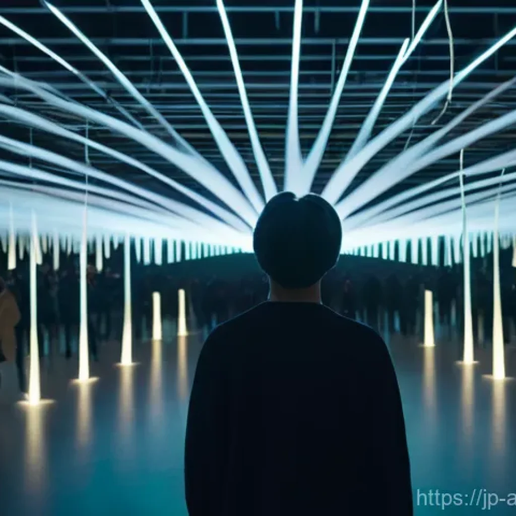 사운드 아트 프로젝트 결과 발표 준비하기 - **Immersive Soundscape Experience**
A person, gender-neutral, stands in the center of a dimly li...