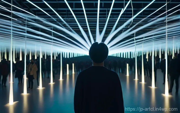 사운드 아트 프로젝트 결과 발표 준비하기 - **Immersive Soundscape Experience**
    A person, gender-neutral, stands in the center of a dimly li...