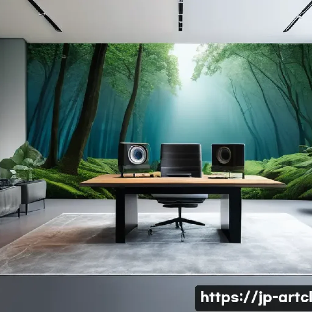사운드 아트 프로젝트의 브랜드 구축하기 - A serene sound art studio interior blending modern technology with natural elements, featuring soft ...