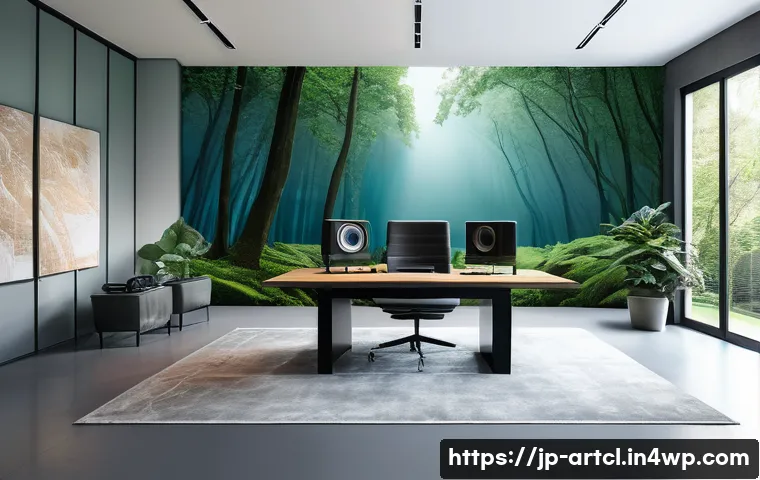 사운드 아트 프로젝트의 브랜드 구축하기 - A serene sound art studio interior blending modern technology with natural elements, featuring soft ...