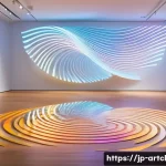 사운드 아트 프로젝트의 감각적 경험 설계 - A futuristic sound art installation inside a spacious gallery with curved reflective walls, featurin...