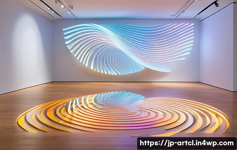 사운드 아트 프로젝트의 감각적 경험 설계 - A futuristic sound art installation inside a spacious gallery with curved reflective walls, featurin...