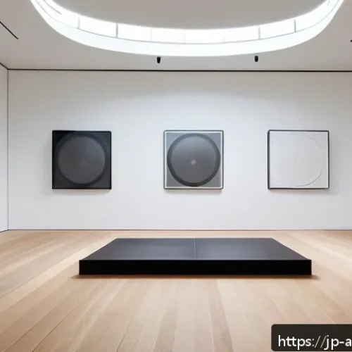 사운드 아트 프로젝트의 물리적 요소 고려하기 - A modern sound art gallery interior showcasing the impact of spatial acoustics, featuring a softly r...