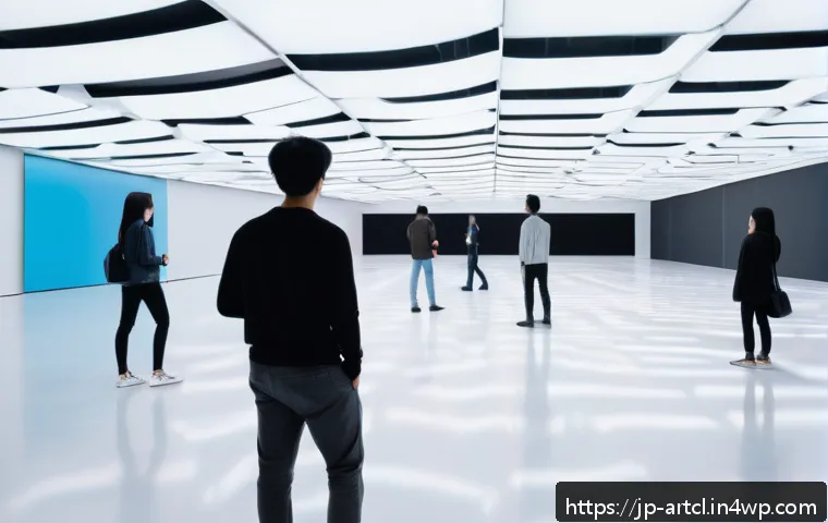 사운드 아트의 실험적 접근 방법 연구 - A modern sound art installation set in a spacious contemporary gallery with speakers mounted on the ...