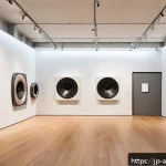 사운드 아트 설치 공간 고려사항 - A modern art gallery interior featuring a sound art installation with multiple speakers mounted at v...