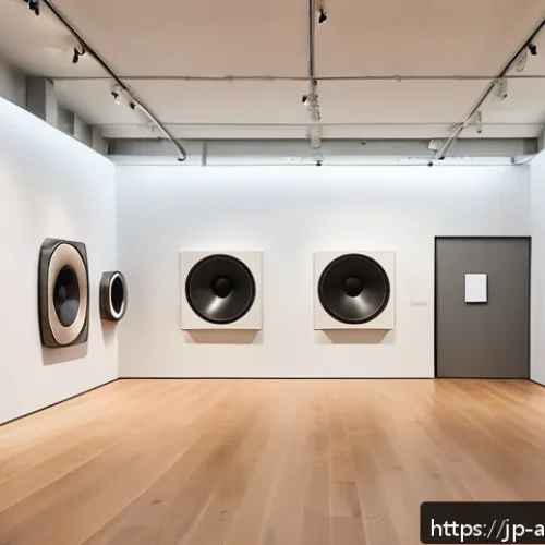 사운드 아트 설치 공간 고려사항 - A modern art gallery interior featuring a sound art installation with multiple speakers mounted at v...