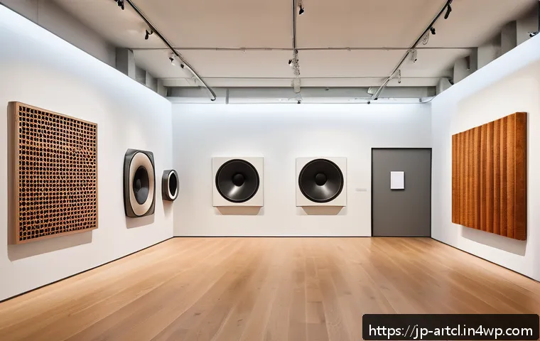 사운드 아트 설치 공간 고려사항 - A modern art gallery interior featuring a sound art installation with multiple speakers mounted at v...