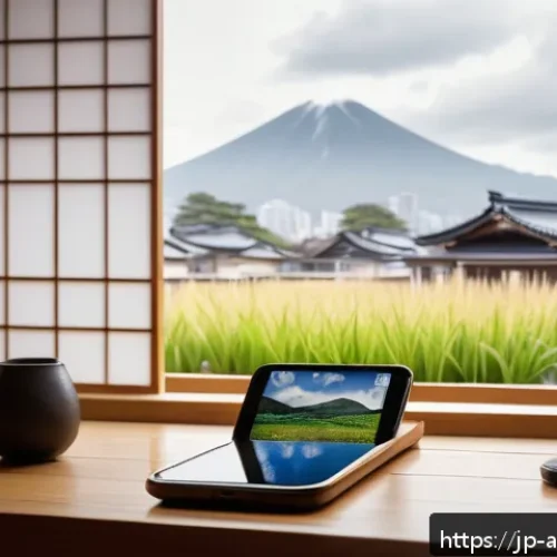사운드 아트 프로젝트 아이디어 브레인스토밍 - A cozy indoor scene of a Japanese living room in the morning, featuring a smartphone placed on a woo...
