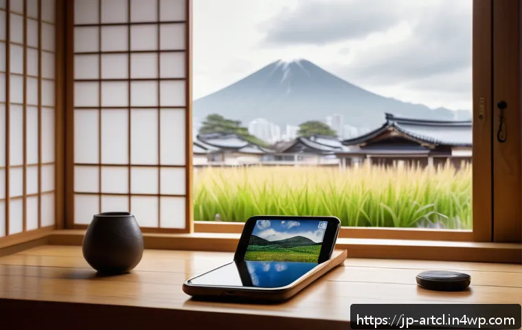 사운드 아트 프로젝트 아이디어 브레인스토밍 - A cozy indoor scene of a Japanese living room in the morning, featuring a smartphone placed on a woo...