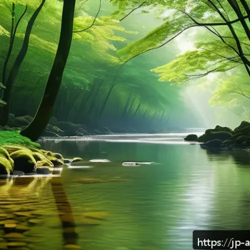 사운드 아트의 감정적 반응 유도하기 - A serene natural landscape featuring a calm forest with gentle sunlight filtering through lush green...