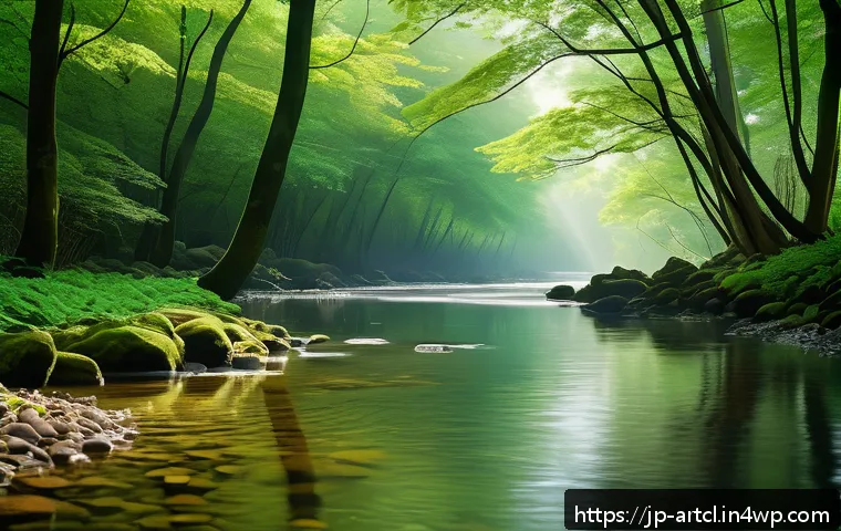 사운드 아트의 감정적 반응 유도하기 - A serene natural landscape featuring a calm forest with gentle sunlight filtering through lush green...