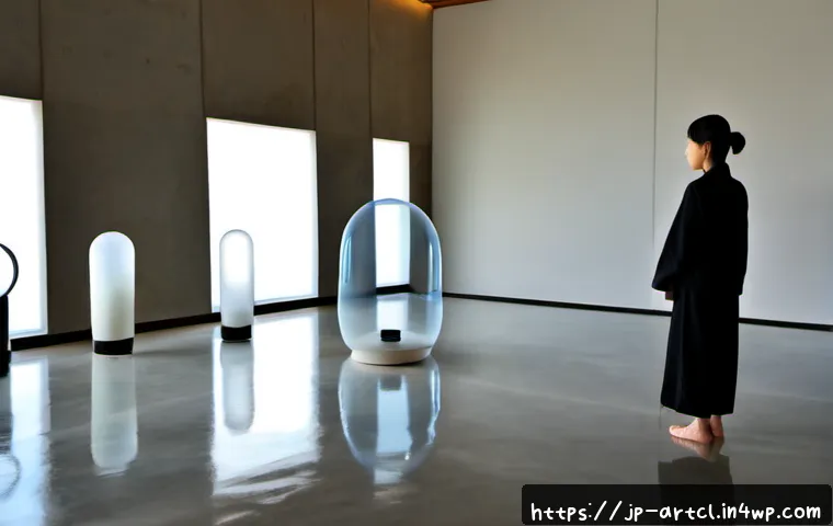 사운드 아트와 미적 경험의 연결 고리 - Photorealistic contemporary sound art installation in a serene Japanese gallery, a single visitor qu...
