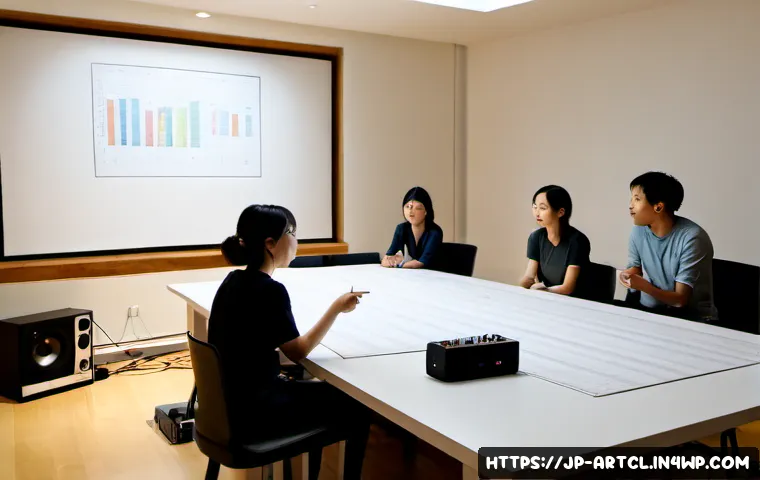 사운드 아트 프로젝트의 제한 사항 검토하기 - Photorealistic sound art project review meeting in a quiet contemporary studio, diverse adult creati...