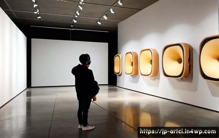 사운드 아트 프로젝트의 온오프라인 전시 방법 - Photorealistic contemporary sound art exhibition in a minimalist Japanese gallery, a visitor wearing...