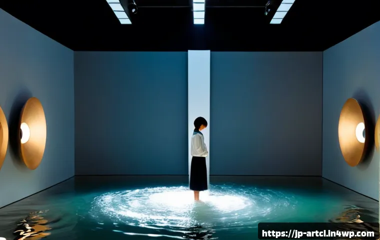사운드 아트와 감각적 경험의 관계 - Photorealistic contemporary sound art installation in a quiet Japanese gallery, a single visitor sta...